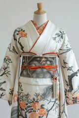 A woman wearing a kimono with a floral pattern and an obi with a bird pattern