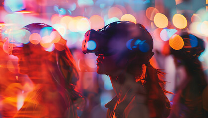 Group of people wearing virtual reality glasses - ai generative