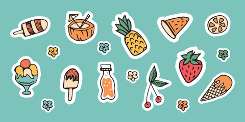 meal. coconut. drink. ice cream. rest. delicious. water. soda. cocktail. vector. sticker. doodle drawing. retro palette. with a white outline.