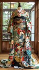 A kimono with a floral pattern and a colorful obi sash