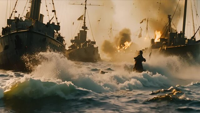 Dramatic sea battle scene with ships and explosions