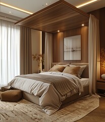 Wooden Bed Frame in Bedroom with Modern Interior Design