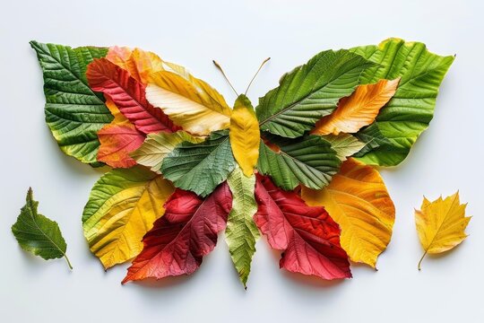 Colorful butterfly made from assorted autumn leaves on white background, showcasing nature's creativity and seasonal beauty.