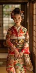 Naklejka premium Portrait of a young Japanese girl in traditional kimono