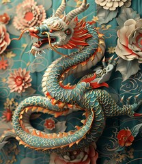 Chinese Dragon with Flowers and Clouds
