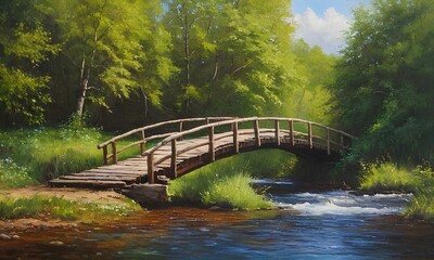 Fototapeta premium Painting Landscape of an old wooden bridge crosses over a river in nature daylight