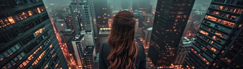 Woman with long hair standing in a high-rise cityscape, looking over a nighttime city filled with glowing skyscrapers and lights.