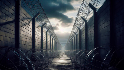Barbed wire stretches along a concrete fence wall to increase security, against the sky