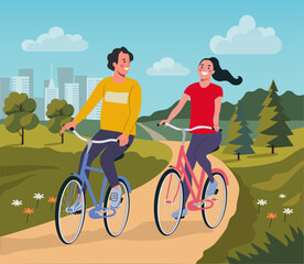 Young woman and man ride bicycles  on weekend holiday. Vector flat cartoon illustration
