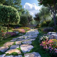 A Stone Path Winding through a Serene Garden