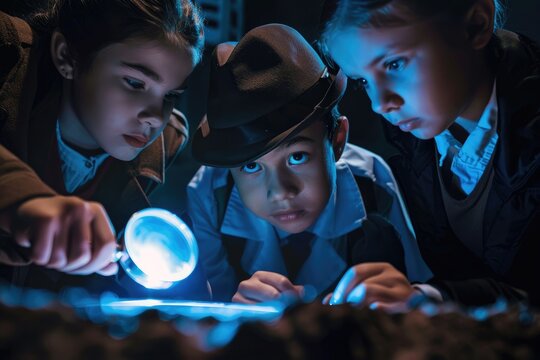 17. Young detectives in detective attire solving a mystery in a simulated crime scene investigation, using magnifying glasses and fingerprint kits under focused lighting that enhances the suspense