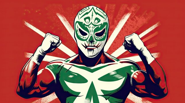 Striking illustration of a wrestler with a Mexican luchador mask on a red action graphic background