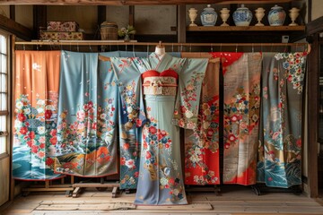Fototapeta premium Traditional Japanese Kimono with Floral Pattern Hanging on a Rack
