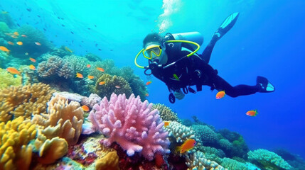 An image of a scuba diver navigating the colorful and lively world of a coral reef ecosystem
