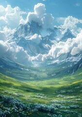 Mesmerizing Mountain Landscape with Snow-Capped Peaks, Verdant Hills, and Valley of Wildflowers