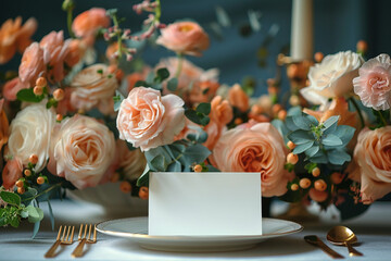a 3.5 inches by 2 inches (landscape orientation) rectangular place card on a table at a minimal delicate floral wedding, the lighting is soft/natural --ar 3:2 --stylize 625
