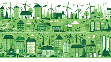 Fototapeta premium Colorful, flat-design illustration showcasing a sustainable, eco-friendly urban landscape with renewable energy
