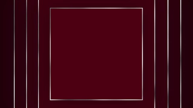 Squares with a silver border appear on a dark red background, in the center there is an empty space for your text or product. Animated background 3d for advertising or holiday greeting.