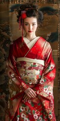Naklejka premium Portrait of a young woman in a red kimono