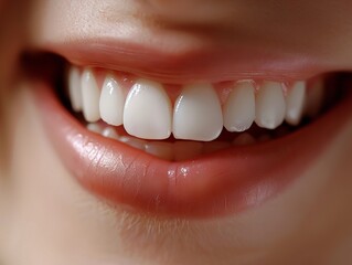 Obraz premium A woman's mouth is open, showing her teeth. The teeth are white and clean, and the woman has a smile on her face