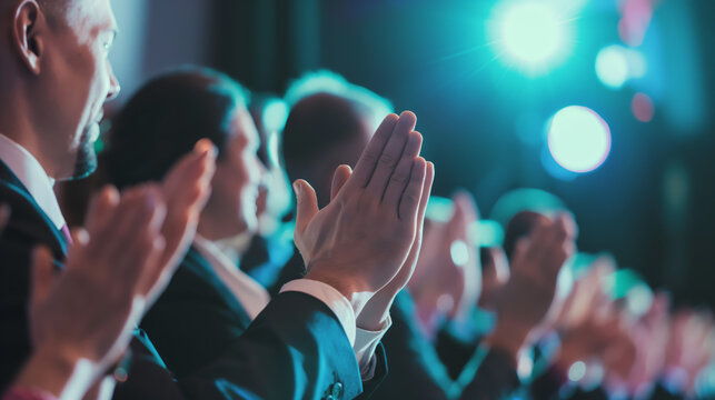 An applauding audience at an event with individuals blurred to focus on the act of clapping hands