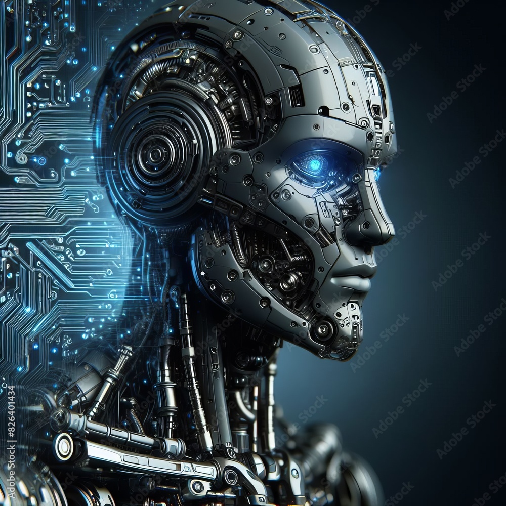 Poster a futuristic depiction of a cybernetic head featuring intricate mechanical details and a glowing blu