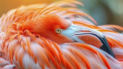 Detailed close-up of a flamingo's head, showcasing its vivid plumage and piercing eye