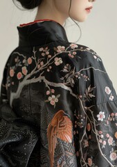 A woman wearing a black kimono with red and pink floral embroidery
