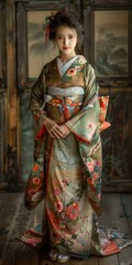 Naklejka premium Portrait of a young woman in a kimono