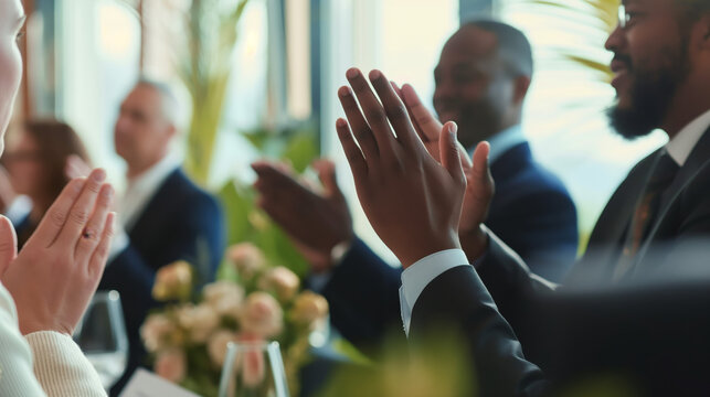 A group of individuals clapping their hands at a formal gathering, with blurred faces to focus on the gesture