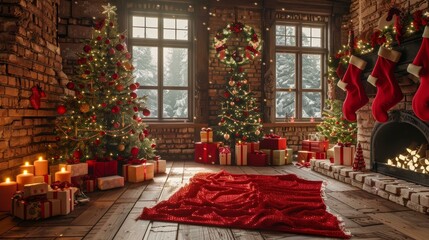 Fototapeta premium Christmas Tree Cozily Set up by the Fireplace