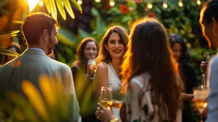 A joyous woman holding a glass of wine surrounded by friends at an evening garden party