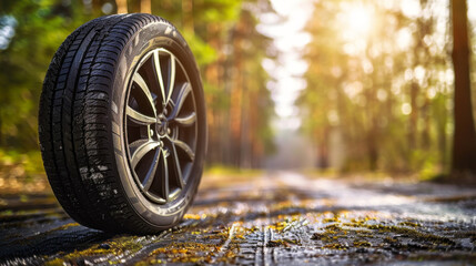 A tire is sitting on a wet road