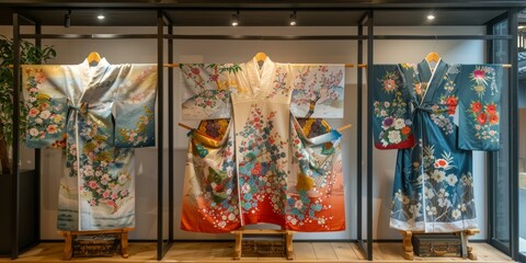 A variety of colorful kimono are displayed in a store.