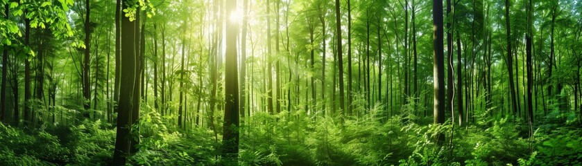 Lush green forest with tall trees and dense foliage, sunlight filtering through the canopy, isolated on a white background, perfect for environmental themes and nature projects.