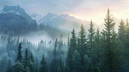 Misty mountain forest with evergreen trees, early morning light casting a serene glow, ideal for peaceful and tranquil nature scenes, isolated background for easy editing.