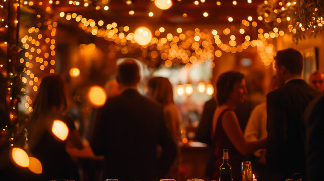A warmly lit, festive atmosphere of a holiday party captured with a blurred effect for a bokeh background