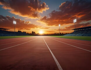 Empty Running Track in Stadium with Vibrant Sunset Sky, Inviting Atmosphere for Sports and Athletics