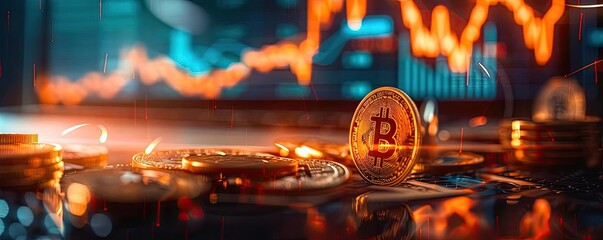 Digital crypto coins with a fluctuating stock market graph in the background, depicting the dynamic nature of cryptocurrency trading.