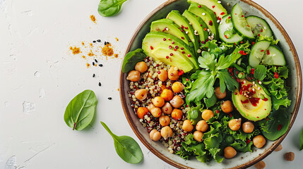 Bowl of quinoa salad with avocado and chickpeas on a white background
