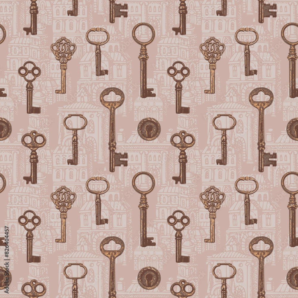 Aufkleber seamless pattern with old wintage keys on background of old hand-drawn buildings. vector repeating b