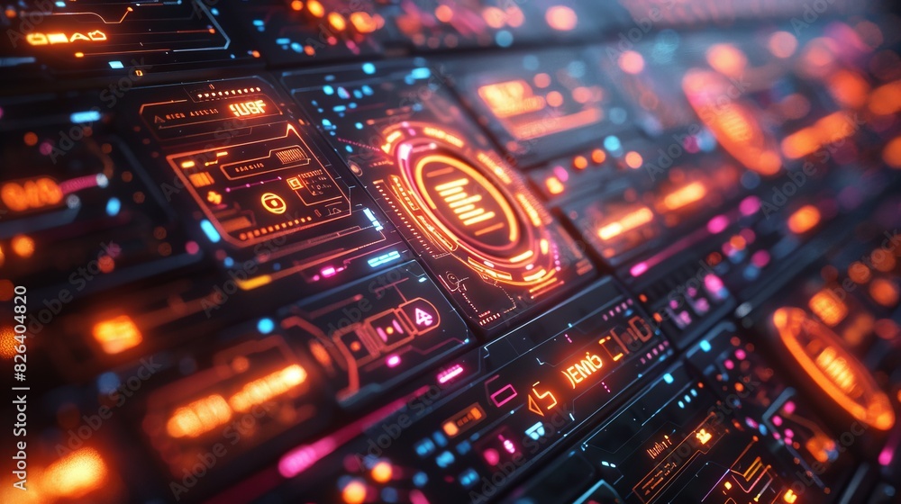 Poster craft a neon display of user interface symbols, featuring illuminated