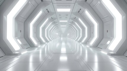 Long Light Corridor with a modern white background. Futuristic Sci-Fi Triangle Tunnel.