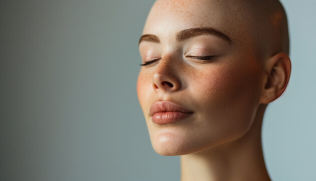 Close-up portrait of a content, bald young woman celebrating self-confidence and natural beauty against a soft, neutral background for national bald is beautiful day