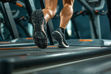 Closeup of feet of sportsman runner running on treadmil