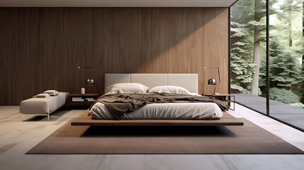 A minimalist bedroom with a low-profile bed