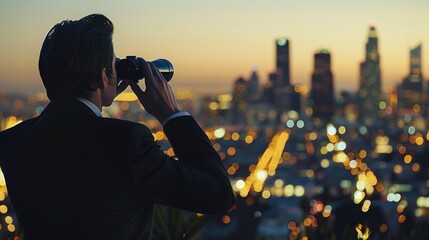 Businessman Searching Opportunities with Binoculars Overlooking Cityscape - Powered by Adobe