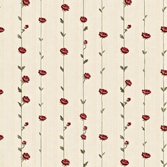Vintage Floral Seamless Pattern with Elegant Red Roses and Leaves on Neutral Background