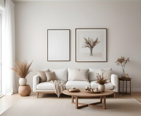 Frame mockup, ISO A paper size. Living room poster mockup. Modern interior design. Living room Interior mockup with house background. 3D render