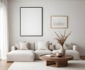 Frame mockup, ISO A paper size. Living room poster mockup. Modern interior design. Living room Interior mockup with house background. 3D render